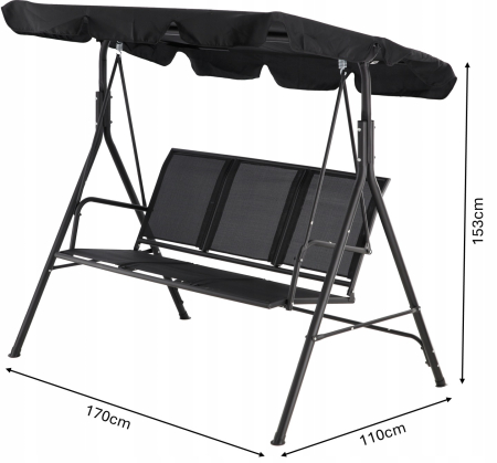 Leagan balansoar gradina 3 locuri, textilene rezistent intemperii, baldachin reglabil poliester 140g/m2, cadru otel, max 260 kg, negru [8]