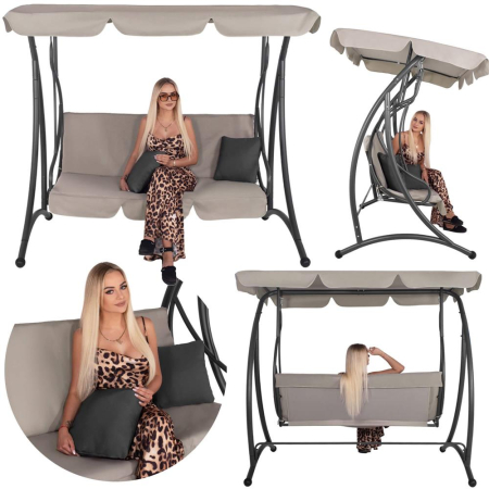 Leagan de gradina 190x115x176 cm, pentru 3 persoane, copertina reglabila, perne incluse, cadru otel si material impermeabil, bej [4]