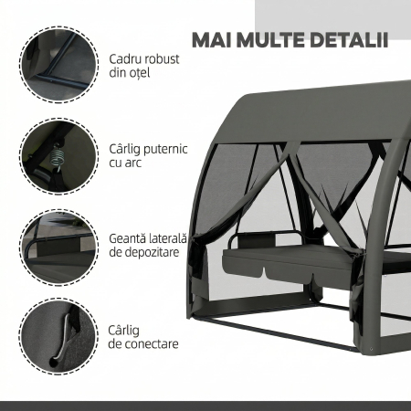  Leagan de Gradina 2 in 1, Convertibil in Pat, cu Perne si Plasa de tantari, 240x140x197 cm, Gri [6]