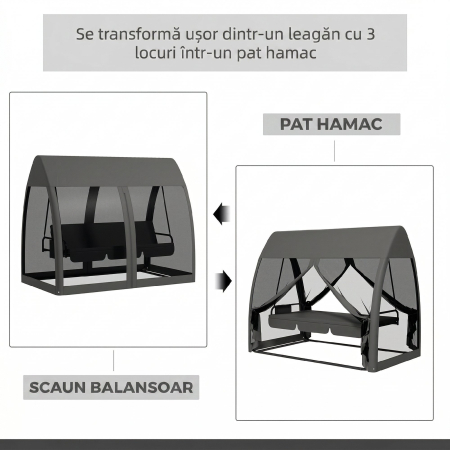  Leagan de Gradina 2 in 1, Convertibil in Pat, cu Perne si Plasa de tantari, 240x140x197 cm, Gri [3]