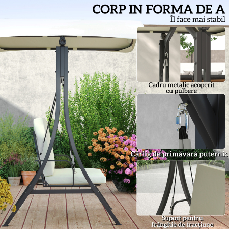  Leagan de Gradina 2 Locuri cu Acoperis Reglabil 150x120x182cm Crem [5]