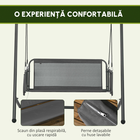  Leagan de Gradina cu 2 Locuri, Perne si Buzunare, Balansoar Exterior din Otel si Textile, 168x117x181 cm, Gri inchis [4]