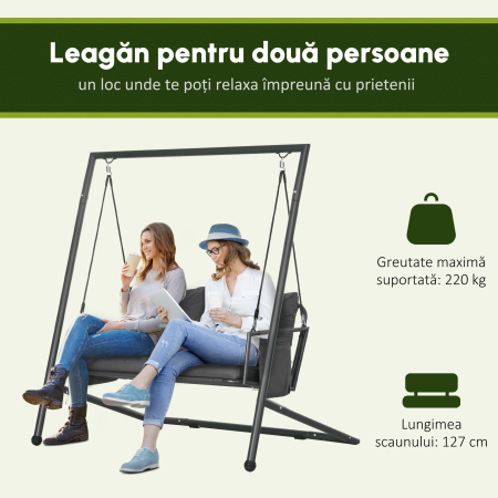  Leagan de Gradina cu 2 Locuri, Perne si Buzunare, Balansoar Exterior din Otel si Textile, 168x117x181 cm, Gri inchis [3]