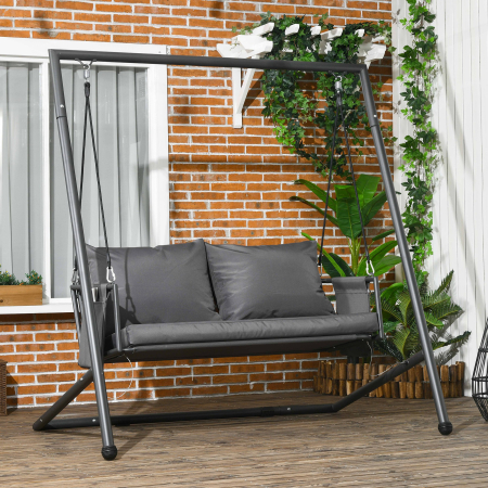  Leagan de Gradina cu 2 Locuri, Perne si Buzunare, Balansoar Exterior din Otel si Textile, 168x117x181 cm, Gri inchis [1]