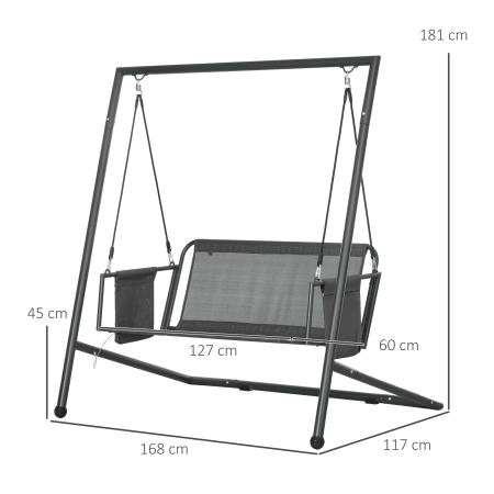  Leagan de Gradina cu 2 Locuri, Perne si Buzunare, Balansoar Exterior din Otel si Textile, 168x117x181 cm, Gri inchis [2]