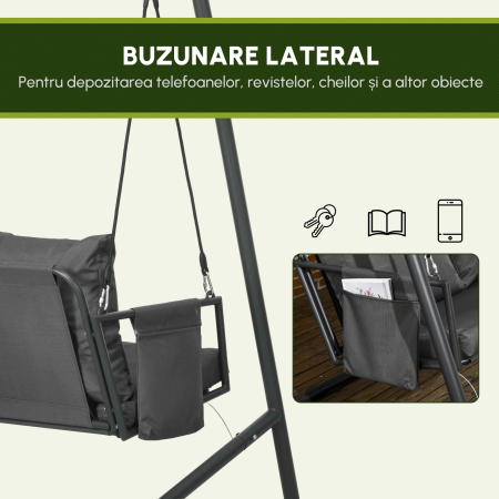  Leagan de Gradina cu 2 Locuri, Perne si Buzunare, Balansoar Exterior din Otel si Textile, 168x117x181 cm, Gri inchis [5]
