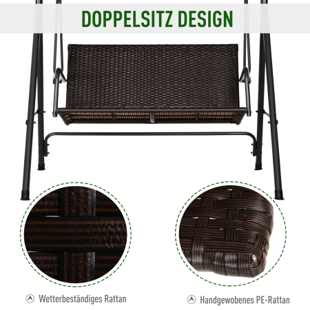  Leagan de Gradina cu 2 Locuri si Acoperis Reglabil, 140x110x151 cm, Maro si Gri [4]