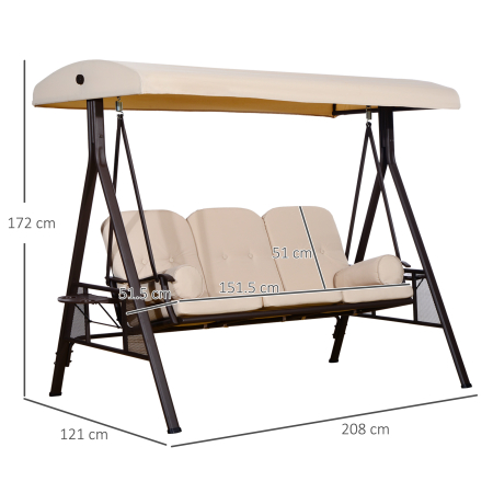  Leagan de Gradina cu 3 Locuri, Acoperis Reglabil, Suport pentru Pahare si Perne, 207x120,5x174 cm, Bej [2]