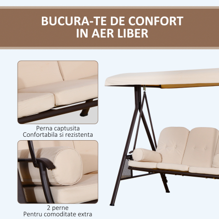  Leagan de Gradina cu 3 Locuri, Acoperis Reglabil, Suport pentru Pahare si Perne, 207x120,5x174 cm, Bej [5]