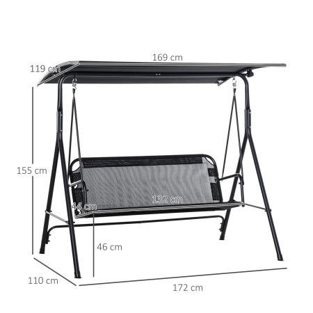  Leagan de Gradina cu 3 Locuri cu Acoperis Parasolar Reglabil Negru 172x110x155cm [2]