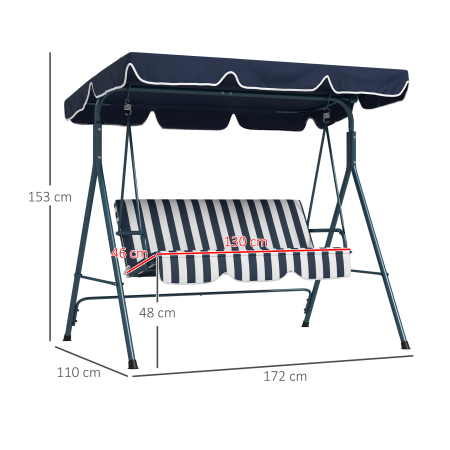  Leagan de Gradina cu 3 Locuri cu Acoperis Solar, Balansoar in Aer Liber cu Structura din Otel si Poliester, 172x110x153 cm, Alb si Albastru [2]