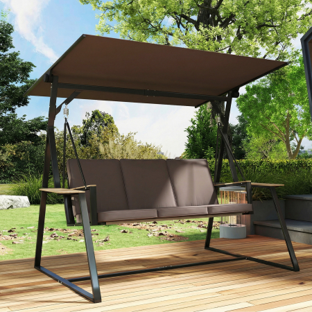  Leagan de gradina cu 3 locuri, cu copertina reglabila, cadru metalic, suporturi pentru pahare, perne moi, greutate suportata 360 kg, pentru terasa sau balcon, 222x131x175 cm, maro [7]