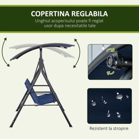  Leagan de Gradina cu 3 Locuri si Acoperis Reglabil din Material si Otel, 172x110x153 cm, Albastru inchis [3]