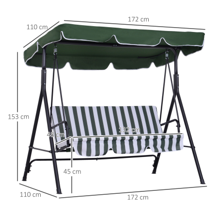  Leagan de Gradina cu 3 Locuri si Parasolar Basculant, 172×110×153 cm, Verde [2]