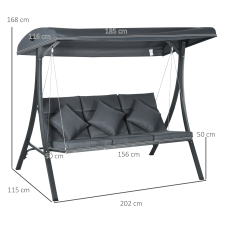  Leagan de gradina pentru 3 persoane cu acoperis reglabil, din otel si poliester, 202x115x168 cm, gri inchis [2]