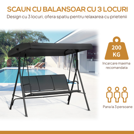  Leagan de Gradina pentru 3 Persoane cu Acoperis, sezut Respirabil si Cadru din Otel, Negru [5]