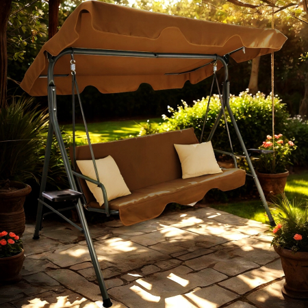 Leagan gradina 3 locuri 170x118x153 cm, cu perne, baldachin reglabil si masute laterale, structura otel, maro [2]