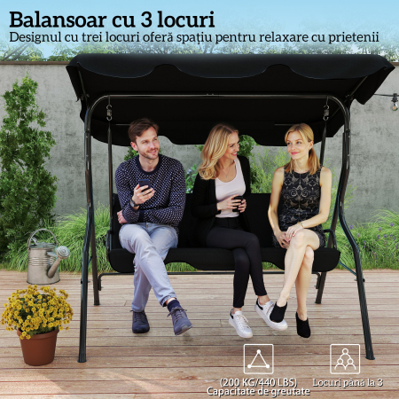  Leagan pentru 3 persoane cu copertina reglabila si perne, din otel si poliester, 170x110x153 cm, negru [5]