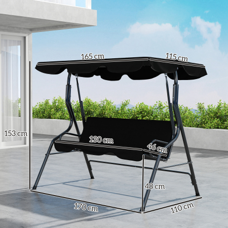  Leagan pentru 3 persoane cu copertina reglabila si perne, din otel si poliester, 170x110x153 cm, negru [2]