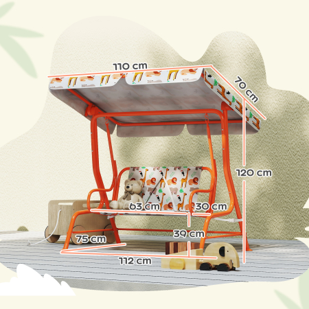  Leagan pentru Copii cu 2 Locuri, Acoperis Reglabil si Curele de Siguranta, Leagan pentru Gradina si Interior din Otel si Material Oxford, Max 60 kg, 112x75x120 cm, Portocaliu [2]