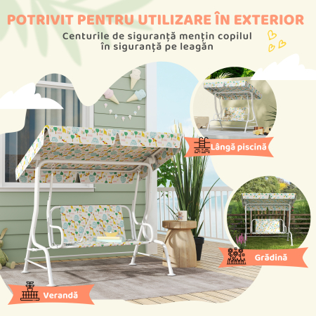  Leagan pentru Copii de Exterior cu 2 Locuri, Acoperis Reglabil si Centuri de Siguranta, 112x75x120 cm, Alb [5]