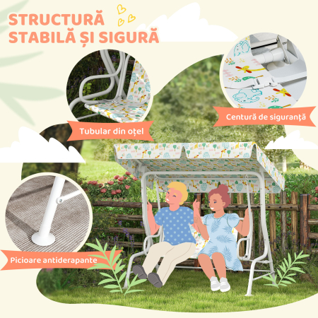  Leagan pentru Copii de Exterior cu 2 Locuri, Acoperis Reglabil si Centuri de Siguranta, 112x75x120 cm, Alb [3]