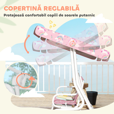  Leagan pentru Copii de Exterior cu 2 Locuri, Acoperis Reglabil si Centuri de Siguranta, Leagan Gradina si Interior din Otel si Material Oxford, Max 60 kg, 112x75x120 cm, Roz [3]