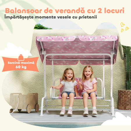  Leagan pentru Copii de Exterior cu 2 Locuri, Acoperis Reglabil si Centuri de Siguranta, Leagan Gradina si Interior din Otel si Material Oxford, Max 60 kg, 112x75x120 cm, Roz [4]