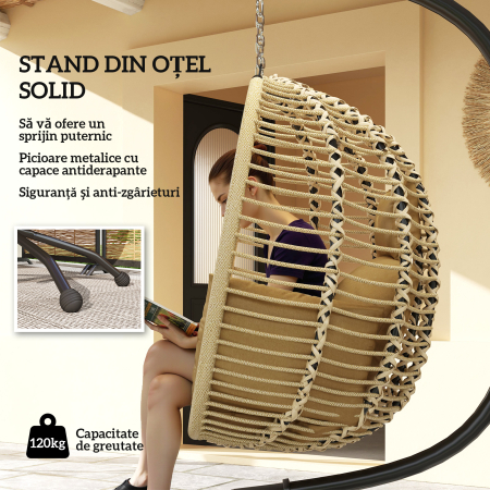  Leagan pentru Exterior cu Perna Capitonata, Scaun Suspendat pentru Terasa cu Suport Metalic, Cos Pliabil, 110x100x188 cm, Gri [3]