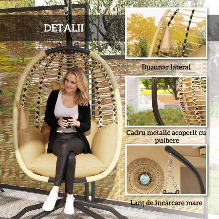  Leagan pentru Exterior cu Perna Capitonata, Scaun Suspendat pentru Terasa cu Suport Metalic, Cos Pliabil, 110x100x188 cm, Gri [6]