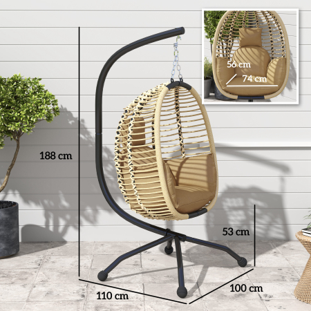  Leagan pentru Exterior cu Perna Capitonata, Scaun Suspendat pentru Terasa cu Suport Metalic, Cos Pliabil, 110x100x188 cm, Gri [2]