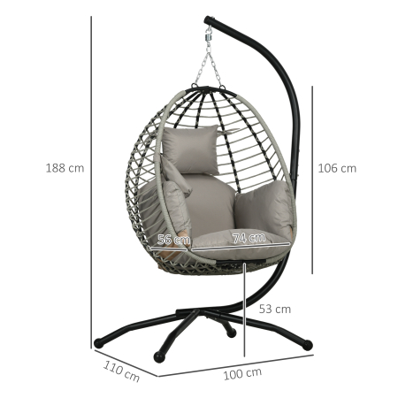  Leagan pentru Exterior cu Perna Capitonata, Scaun Suspendat pentru Terasa cu Suport Metalic, Cos Pliabil, 110x100x188 cm, Gri [2]