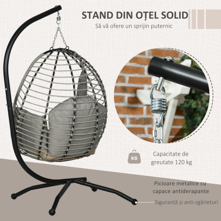  Leagan pentru Exterior cu Perna Capitonata, Scaun Suspendat pentru Terasa cu Suport Metalic, Cos Pliabil, 110x100x188 cm, Gri [3]