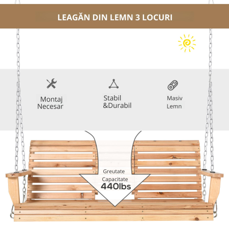  Leagan Suspendat cu 3 Locuri din Lemn pentru Gradina sau Terasa [4]