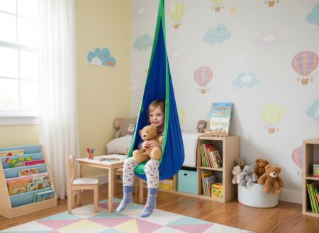 Leagan suspendat tip cocon pentru copii 70x150 cm, textil, pentru interior si exterior, albastru [2]