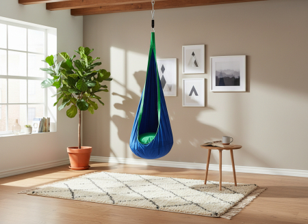 Leagan suspendat tip cocon pentru copii 70x150 cm, textil, pentru interior si exterior, albastru [1]