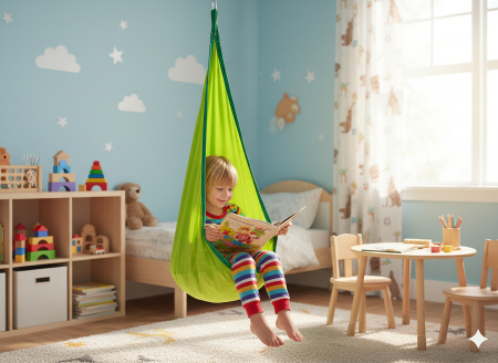 Leagan suspendat tip cocon pentru copii 70x150 cm, textil, pentru interior si exterior, verde [2]