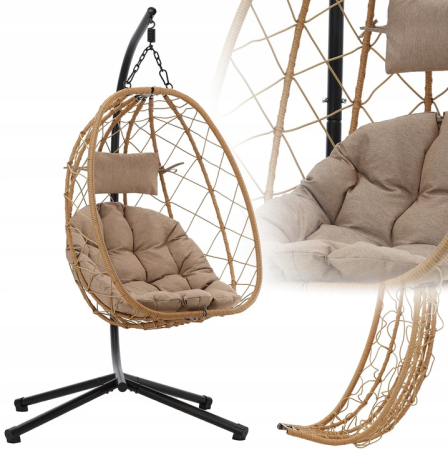 Leagan tip cuib suspendat, cu perna, cadru metalic si cos PE, 103x95x185 cm, maro [2]