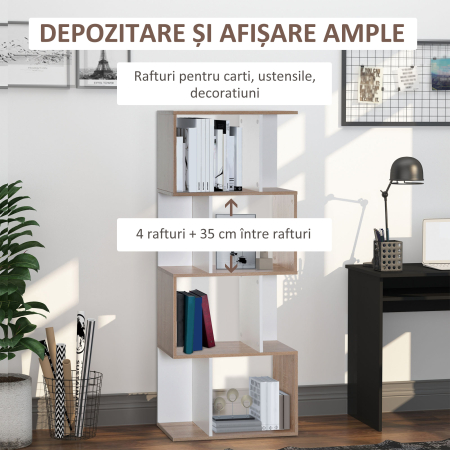  Librarie de Design Modern 4 rafturi Lemn Natural si Alb, 60x24x148cm [4]