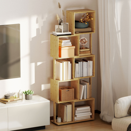  Librarie moderna si asimetrica cu 5 niveluri din bambus, 62.5 x 23 x 165 cm, lemn [1]