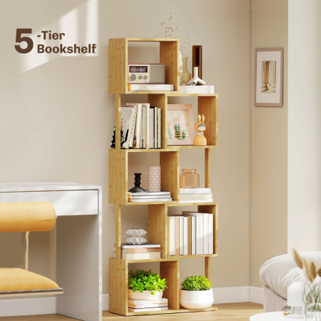  Librarie moderna si asimetrica cu 5 niveluri din bambus, 62.5 x 23 x 165 cm, lemn [4]