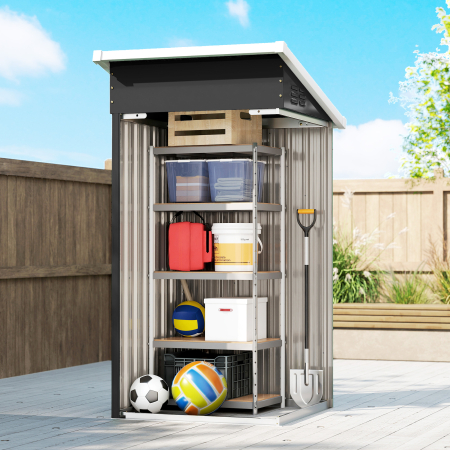  Magazie de Gradina 0,74m² din Otel Galvanizat cu Guri de Aerisire, Magazie cu Usa Blocabila, Acoperis inclinat, Manusi, Depozitare Unelte, 107,5x91x185 cm, Gri inchis [7]