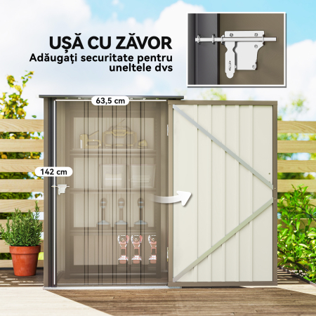  Magazie de Gradina 0,92m² din Otel Galvanizat, Depozit pentru Unelte cu Usa Blocabila si Acoperis inclinat, 100x104x160 cm, Maro si Gri inchis [4]