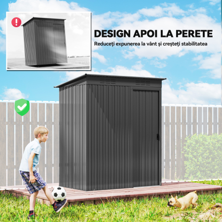  Magazie de Gradina 1.37m² din Metal, Montaj Simplu, Magazie pentru Unelte de Gradina cu Fante de Aerisire, Usa Culisanta, Acoperis inclinat si Manusi, 159x106x181 cm, Gri inchis [5]
