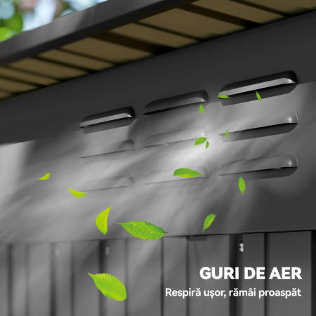  Magazie de Gradina 1.37m² din Metal, Montaj Simplu, Magazie pentru Unelte de Gradina cu Fante de Aerisire, Usa Culisanta, Acoperis inclinat si Manusi, 159x106x181 cm, Gri inchis [7]
