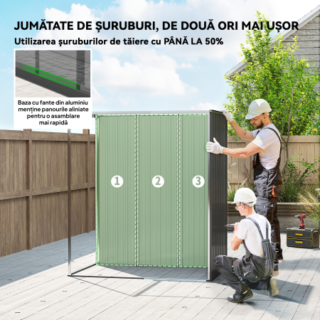  Magazie de Gradina 1.37m² din Metal, Montaj Simplu, Magazie pentru Unelte de Gradina cu Fante de Aerisire, Usa Culisanta, Acoperis inclinat si Manusi, 159x106x181 cm, Gri inchis [3]