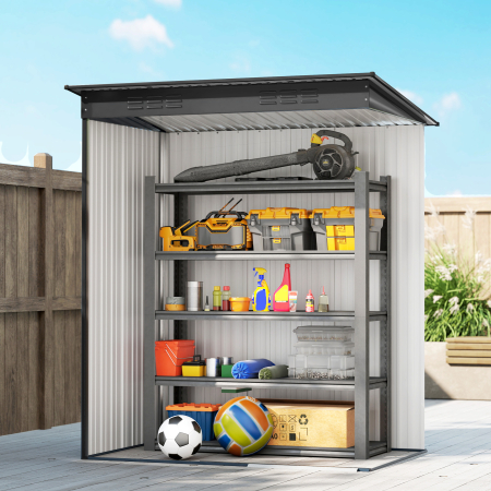  Magazie de Gradina 1.37m² din Metal, Montaj Simplu, Magazie pentru Unelte de Gradina cu Fante de Aerisire, Usa Culisanta, Acoperis inclinat si Manusi, 159x106x181 cm, Gri inchis [8]
