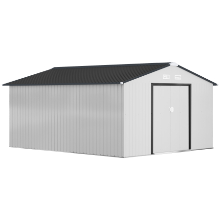 Prelate, pavilioane, umbrele terasa -  Magazie de Gradina 12,4 m² 340x386x200 cm cu Usi Glisante, Acoperis inclinat si 4 Guri de Aerisire, Alba