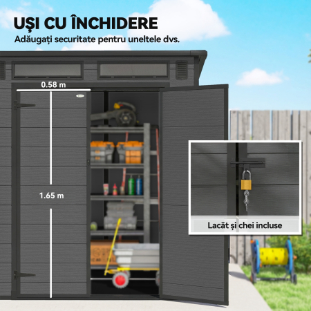  Magazie de Gradina 2.89m² din PP si Aluminiu cu Podea, Depozit Gradina cu Usi Duble cu incuietoare, Aerisiri, 3 Ferestre, Acoperis inclinat, Manusi, Gri inchis [5]