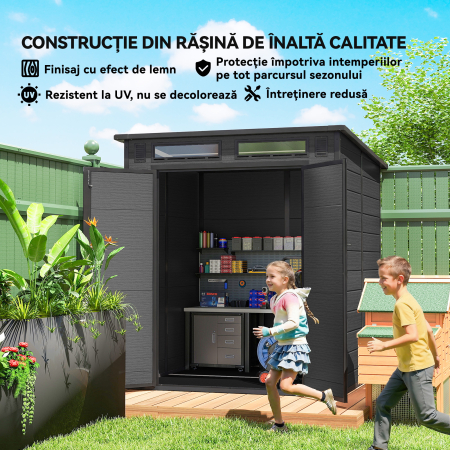  Magazie de Gradina 2.89m² din PP si Aluminiu cu Podea, Depozit Gradina cu Usi Duble cu incuietoare, Aerisiri, 3 Ferestre, Acoperis inclinat, Manusi, Gri inchis [7]